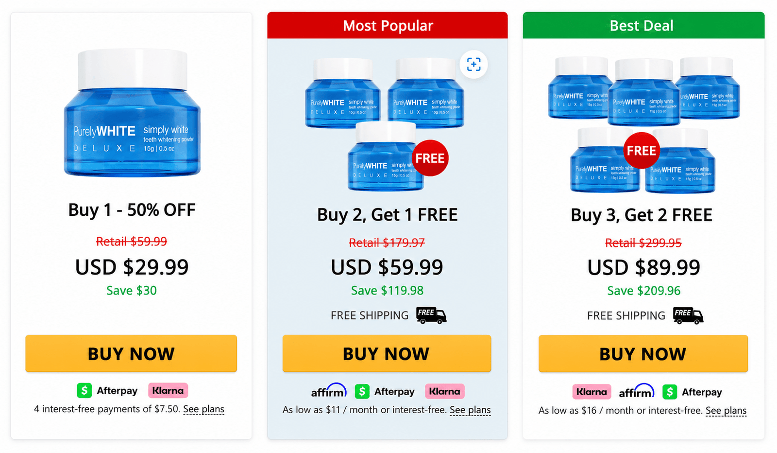 PurelyWHITE DELUXE pricing packages — 1 bottle, 2 bottles, 3 bottles bundles with discount